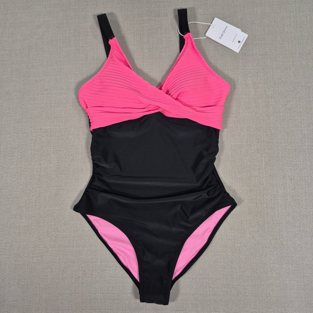 Pink Queen Women Pink Black Tummy Control One Piece Swimsuit Size S NWT